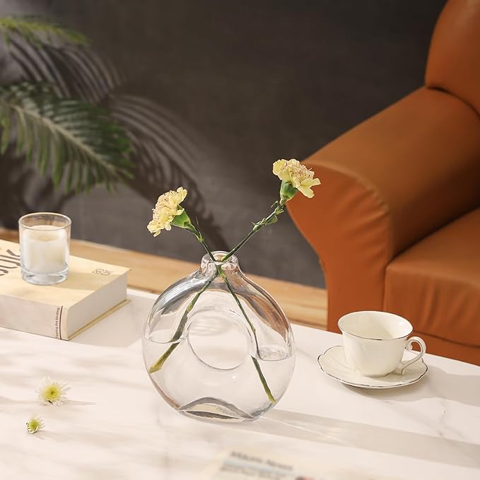 Glass Donut Vase, Clear Donut Vase, Round Glass Vases for Flowers, Modern Vases for Home, Living Room, Dining Table, Entryway, Mantle, Shelf, Wedding, Office, Coffee Table
