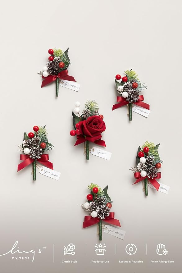 Ling's moment Boutonniere for Men, 6pcs Groom Groomsmen Boutonniere, Artificial Flowers for Wedding Decor/Prom/Homecoming, etc.Christmas Red Berry