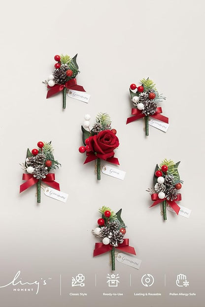 Ling's moment Boutonniere for Men, 6pcs Groom Groomsmen Boutonniere, Artificial Flowers for Wedding Decor/Prom/Homecoming, etc.Christmas Red Berry