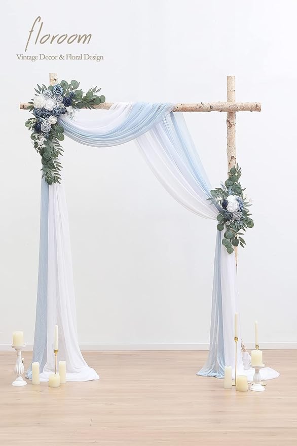 Floroom Arch Flowers with Drapes Kit (Pack of 4) - 2pcs Artificial Dusty Blue & Navy Blue Floral Swag Arrangement with 2pcs Draping Fabric for Wedding Ceremony Arbor and Reception Backdrop Decoration