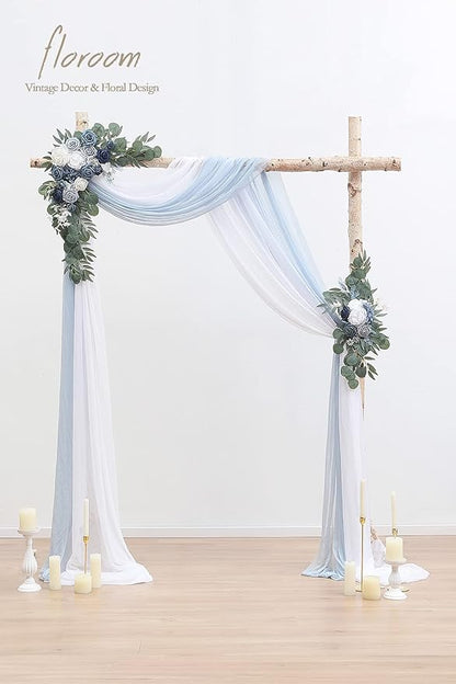 Floroom Arch Flowers with Drapes Kit (Pack of 4) - 2pcs Artificial Dusty Blue & Navy Blue Floral Swag Arrangement with 2pcs Draping Fabric for Wedding Ceremony Arbor and Reception Backdrop Decoration