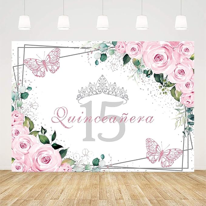 SENDY 8x6ft Quinceañera Backdrop Mis Quince 15 Anos Birthday Party Decorations Supplies for Girl Princess Pink Floral Butterfly Silver Crown Photography Background Banner Photo Booth Studio Props