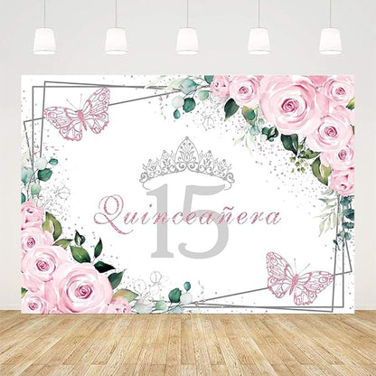 Sendy 7x5ft Quinceañera Backdrop Mis Quince 15 Anos Birthday Party Decorations Supplies for Girl Princess Pink Floral Butterfly Silver Crown Photography Background Banner Photo Booth Studio Props