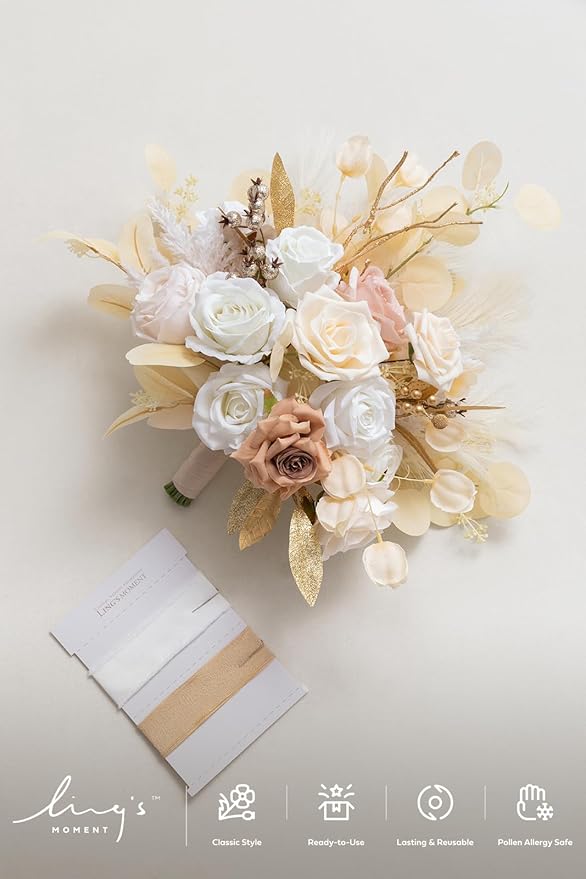 Ling's moment Boho Wedding Bouquets for Bride, White Beige and Gold Bridal Bouquets for Bride, 15 Inch Free Form Artificial Wedding Flower Bouquet
