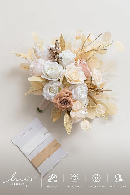 Ling's moment Boho Wedding Bouquets for Bride, White Beige and Gold Bridal Bouquets for Bride, 15 Inch Free Form Artificial Wedding Flower Bouquet
