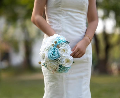 Wedding Bouquets for Bride Bridesmaid Artificial Flowers White Blue Rose Bridal Wedding Tossing Bouquets for Wedding Church Bridal Shower Ceremony Anniversary Home Decor (White + Blue Rose)