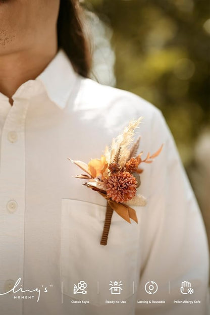 Ling's moment Boutonniere for Men, 6pcs Groom Groomsmen Boutonniere, Artificial Flowers for Wedding Decor/Prom/Homecoming, etc.Rust Boho Terracotta