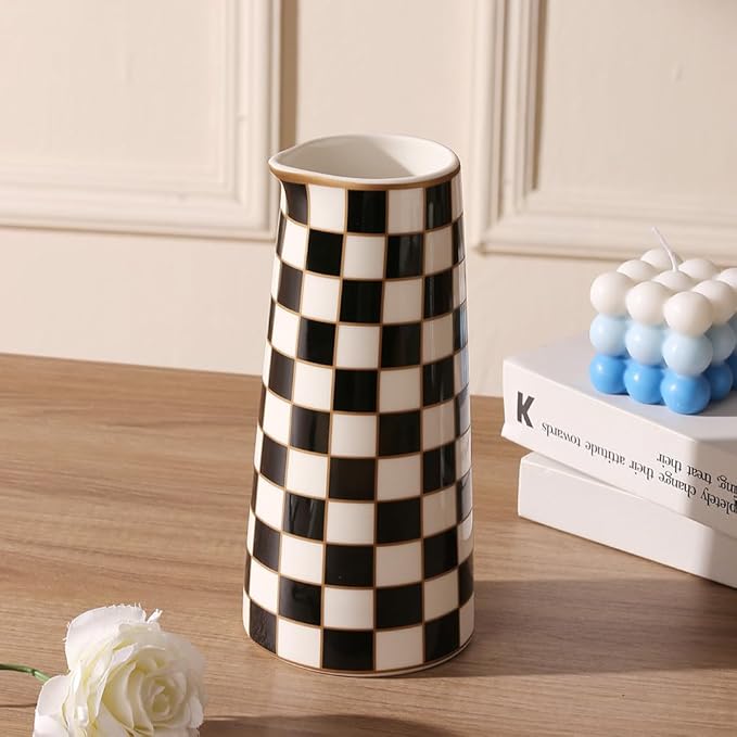 Porlien Checker Porcelain Flower Vase Home Decor Set of 2 with 5.5' High and 8' High Flower Bottle