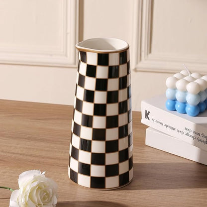 Porlien Checker Porcelain Flower Vase Home Decor Set of 2 with 5.5' High and 8' High Flower Bottle