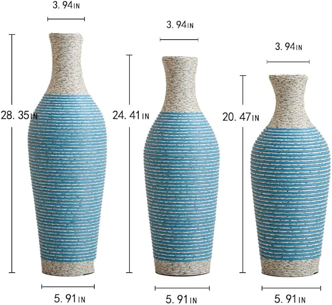 Floor PVC Decorated Vases Set of 3 for Gorgeous Home Decoration Large Classic Neat PVC Vases 20.4in/24.4in/28.3in Height (White+Blue)