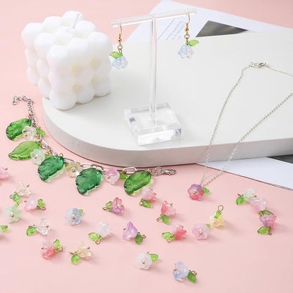 60Pcs Glass Flower Charms for Jewelry Making, Crystal Glass Floral Pendants Gold Floral Beads Charms Transparent Blooming Rose Dangle Charm for Jewelry Making Bracelet Earring Necklace Craft