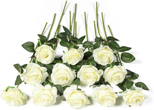 Kisflower 12Pcs White Roses Artificial Flowers, Realistic Single Stem Flowers Silk Rose Bouquet for Wedding Party Office Home Decor (White)