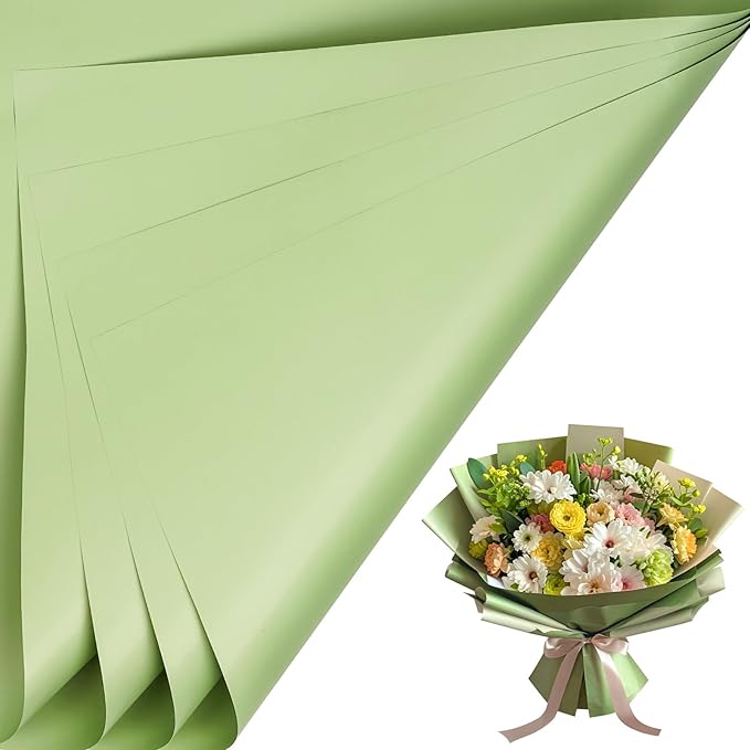 LeZakaa 20 Sheets Flower Wrapping Paper - Waterproof Reversible Floral Bouquet Paper - Military Green Design for Father's Day, Graduation, Party, Holiday
