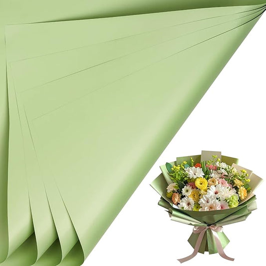 LeZakaa 20 Sheets Flower Wrapping Paper - Waterproof Reversible Floral Bouquet Paper - Military Green Design for Father's Day, Graduation, Party, Holiday