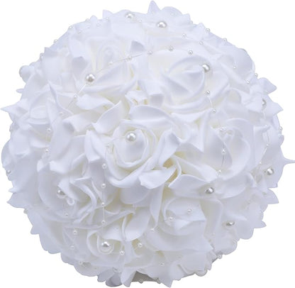 Wedding Bouquets for Brides or Bridesmaids Pearl Embellishment Roses Bridal Bridesmaid Wedding Hand Bouquet Artificial Fake Flowers.(White)