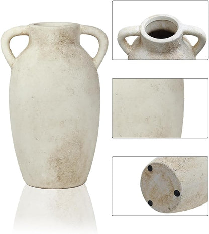 Ceramic Flower Vase Home Decor – 9.8 Inch Pottery Rustic Farmhouse Decorative Vase with Handles for Table Centerpiece, Shelf & Mantel, Beige