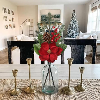 Briful Red Magnolia Christmas Flower Branches, 2 Pack 18.9in Artificial Magnolia Floral Picks and Spray with Pinecones Berries for Xmas Tree Vase Arrangements Decor