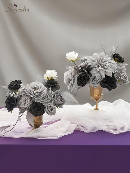 Serwalin Artificial Flowers Grey Fake Flowers Box Set, Silk Flowers with Stems, Faux Wedding Flower Cake Flowers for DIY Wedding Bouquets Bridal Shower Centerpieces Floral Arrangements Decor