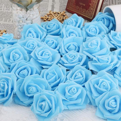 Artificial Rose Flower Heads, 100pcs Blue Roses Artificial Flower Foam Rose for DIY Wedding Bouquets Centerpieces Arrangements Party Baby Shower Home Decor (Stemless,Sky Blue)