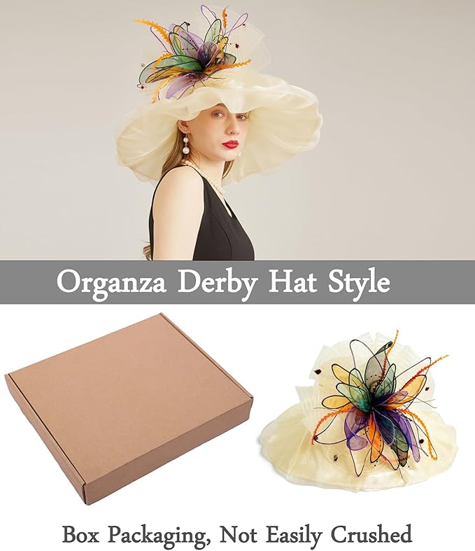 Organza Derby Hats for Women Wide Brim Fascinator Hat Rose Flower Wedding Tea Party Hat