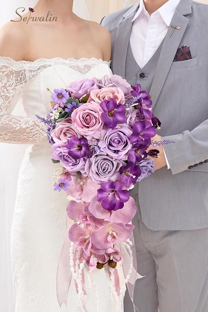 Serwalin 11 Inch Wedding Bouquets for Bride Bridesmaid, Purple Bridal Bouquets for Bride, Artificial Bouquets of Flowers for Wedding Ceremony Bridal Shower and Anniversary Day Decor