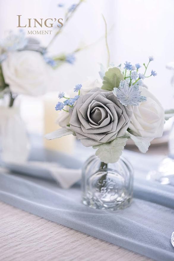 Ling’s Moment Artificial Flowers 25Pcs Silver & Grey Roses Decor w/Stems,3" Real Touch DIY Foam Floral for Wedding Bouquet/Centerpieces, Outdoors Party Backdrop, Room/Table, and Garden/Pot Decorations