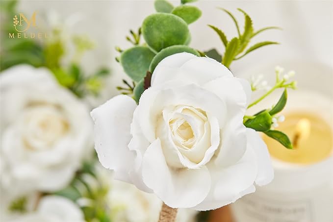 Meldel Ivory Rose Boutonniere for Men,Set of 6,Groom and Best Man Boutonnieres with Artificial Flower,for Wedding Ceremony Anniversary, Formal Dinner Party, Fall Vintage Rustic Marriage Prom
