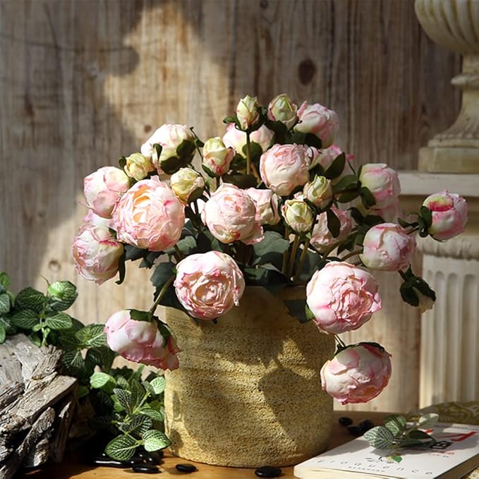 Pink Peonies Artificial Flowers 2 Bouquets Vintage Peonies 18pcs Pink Peonies with Single Long Stems Silk Flowers for Wedding Decoration Bride Bouquet Flowers Crafts Floral Arrangement (Pink)