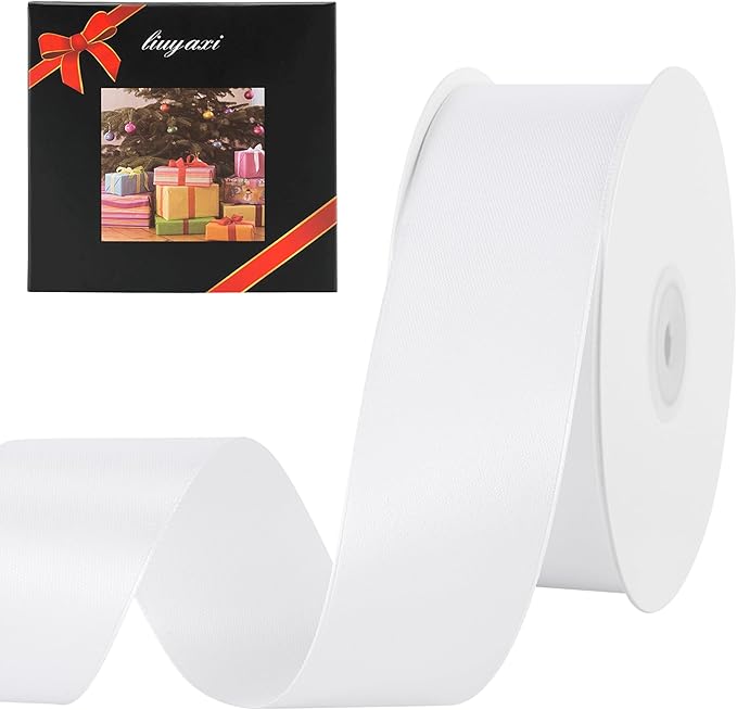 LIUYAXI 1-1/2 Inches 50 Yards White Satin Ribbon, Solid Fabric Ribbon Roll for Flower Bouquets, Gift Wrapping, Wedding, Handmade Crafts