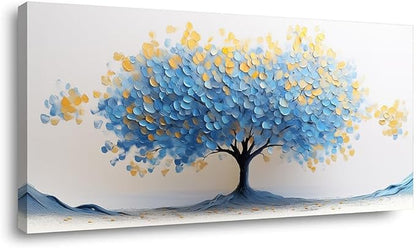 LAVIKARS Modern Tree of Life Wall Art for Living Room Office Navy Blue and Yellow Floral Abstract Landscape Canvas Painting Prints Large Nature Artwork Home Kitchen Bedroom Decor (23x46 Inches)