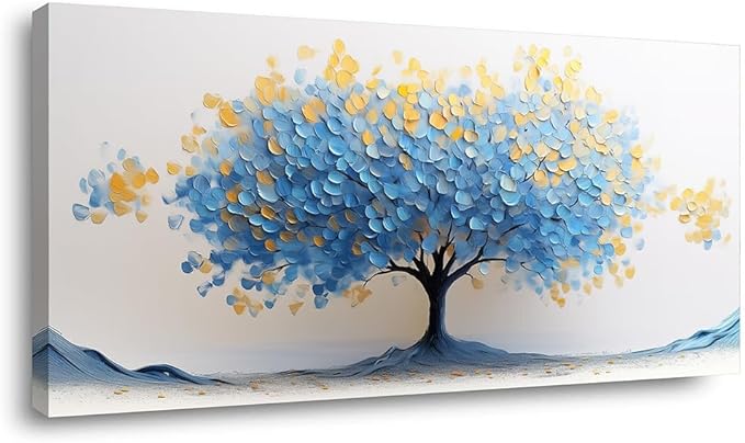 LAVIKARS Modern Tree of Life Wall Art for Living Room Office Navy Blue and Yellow Floral Abstract Landscape Canvas Painting Prints Large Nature Artwork Home Kitchen Bedroom Decor (20x40 Inches)