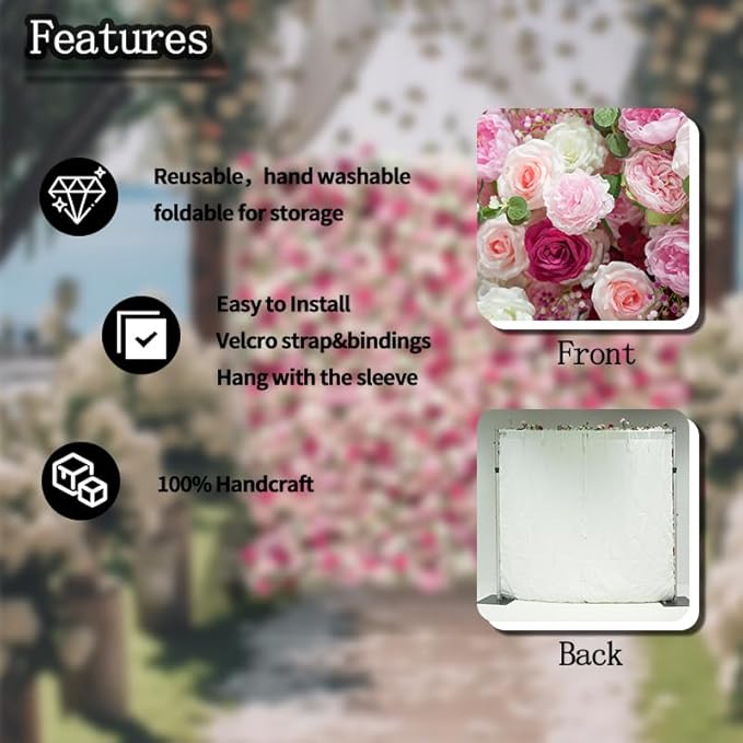 8x8ft(2 pcs of 4ftx8ft) Artificial Silk Fabric Flower Wall Cloth-Based Background 5D Pink Rose Fabric Rolling Up Floral Backdrop for Wedding Baby Shower Party and Home Decor