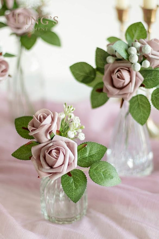 Ling's moment Artificial Flowers 1.5" and 2" Dusty Rose 25pcs Realistic Rose Buds and Petite Roses w/Stem for DIY Wedding Bouquets Centerpieces Boutonniere Corsages Flower Decorations