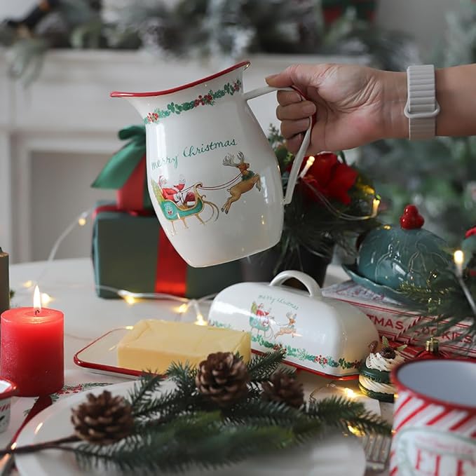 Festive Santa Claus Enamel Vintage Pitcher Vase for Flowers Christmas Decorations Xmas,7.9" L x 5.3" W x 7.5" H Rustic Pitcher Vase,Farmhouse Decor for Kitchen Table Centerpiece,Living Room,Bedroom