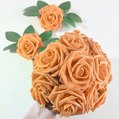 homEdge Artificial Rose, 25pcs Foam Artificial Flowers with Stem for Home Decorations, Wedding Bouquets, Party, Certerpieces, Anniversaries-Orange
