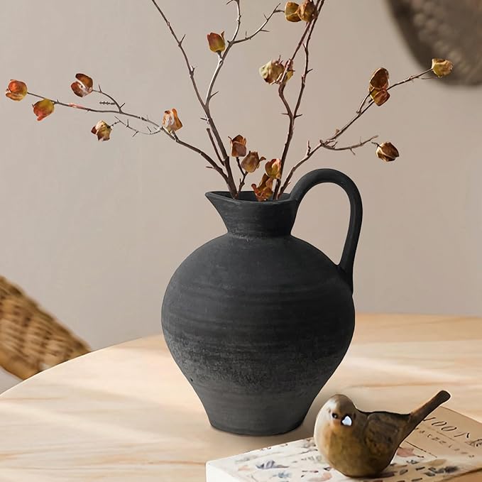 Ceramic Rustic Farmhouse Vase with Handle, 8.7 Inch Black Vintage Vase, Rustic Ceramic Pottery for Home Decor, Farmhouse Decor Centerpiece for Kitchen, Living Room, Entryway