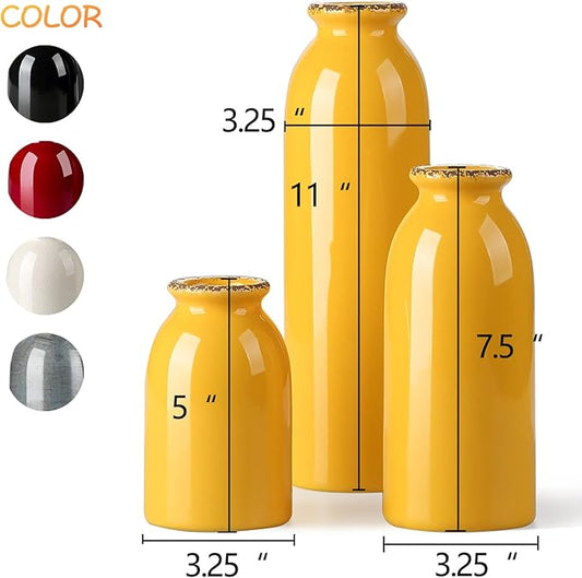 CWLWGO-Ceramic Yellow Vase Set of 3, Home Decorative Vases,Modern Farmhouse Decoration, Living Room Accents & Dining Table Centerpieces,Idea Bookshelf Décor, Mantel and Entrance Decorative.