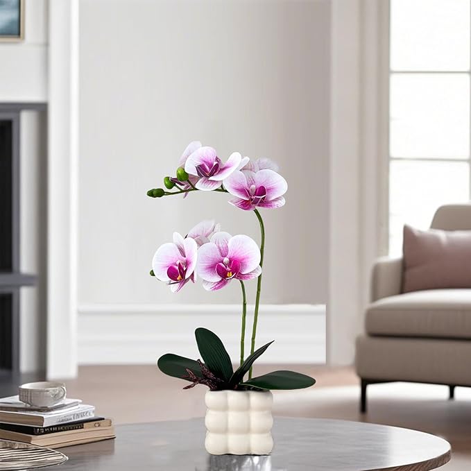 Artificial Orchids in Vase, Purple and White, 14 in Height, Home Decor Orchid Artificial Flowers