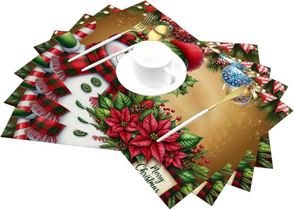PVC Placemats Set of 1 Wipeable Table Mats Washable Heat Resistant Non Slip Vinyl Dining Table Mat for Kitchen Indoor Outdoor Patio Farmhouse Place Mats Christmas Ball Poinsettia Snowman Decorative