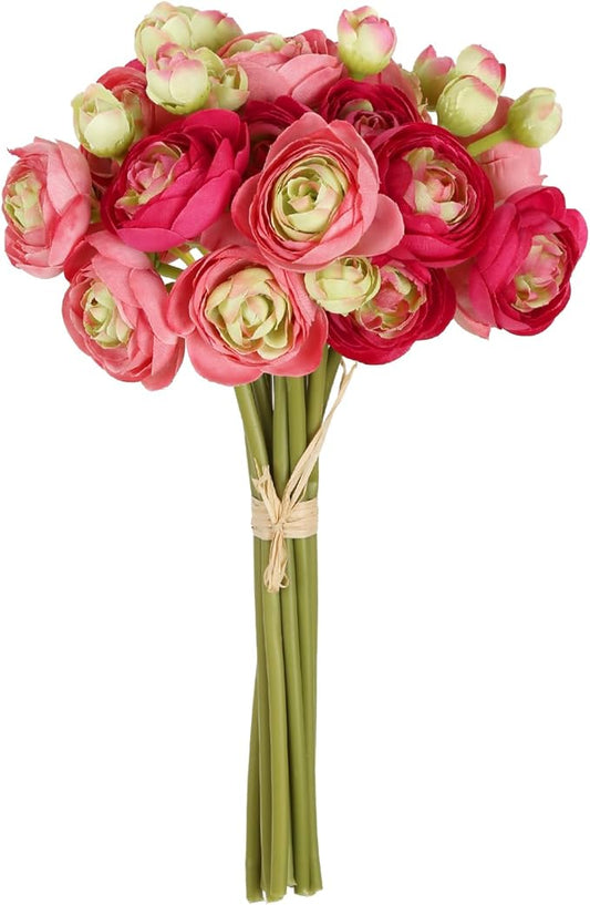 IPOPU Artificial Ranunculus Deep Pink Silk Flowers with Stems 12PCS Mini Fake Flowers for DIY Wedding Bouquet Bridal Shower Decorations Floral Filler Flowers Centerpieces (Shade of Hot Pink)