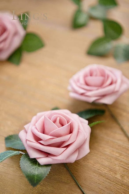 Ling's moment Artificial Flowers 25Pcs Shabby Blush Roses Decor w/Stems,3" Real Touch DIY Foam Floral for Wedding Bouquet/Centerpieces, Outdoors Party Backdrop, Room/Table, and Garden/Pot Decorations