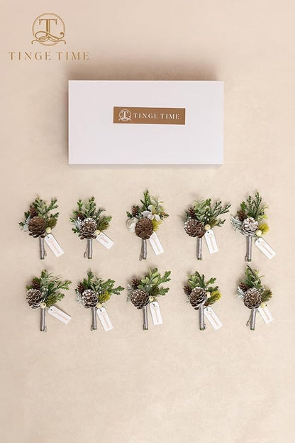 TINGE TIME Boutonniere for Men, Groom and Best Man Boutonniere for Wedding Ceremony Anniversary, Formal Dinner Party and Rustic Xmas Wedding Marriage (Christmas White)