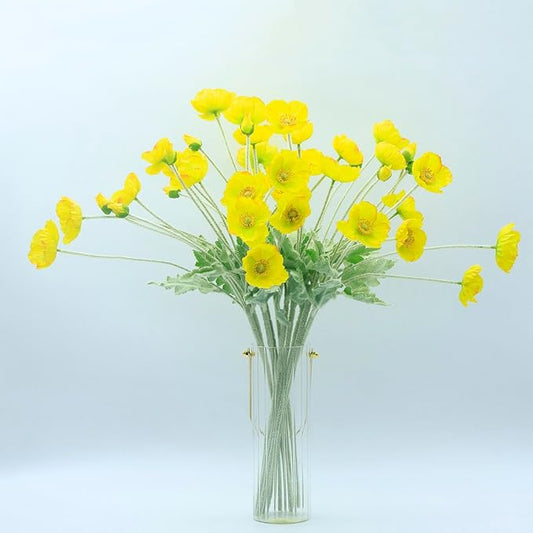 2 Pcs Artificial Fake Flowers Plants Poppies Silk Flower Arrangements Wedding Bouquets Decorations Plastic Floral Table Centerpieces for Home Kitchen Garden Party Decor Approx 23.6" High - Yellow