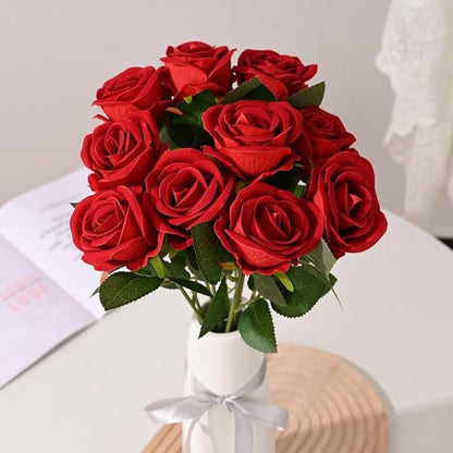 Jasion 12PCS Artificial Roses Realistic Velvet Silk Flowers Long Stem Faux Flowers Bouquet for Wedding Home Party Table Centerpieces Decorations (Red)