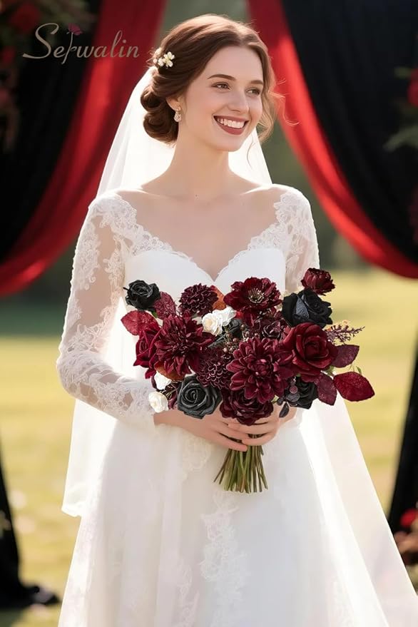 Serwalin Artificial Burgundy Black Flowers, Red Roses Silk Flowers for DIY Wedding Bridal Bouquets, Fake Halloween Black Flowers for Table Centerpieces Baby Shower Birthday Party Home Decorations