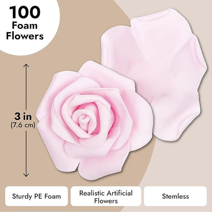 Bright Creations Artificial Flowers Foam Rose Heads - 3 x 1.2 in, Mixed Pink Shades, 100 Pack - Foam Roses for Flower Wall & Garland Backdrops, Wedding & Bridal Shower Decor
