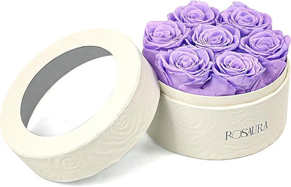Rosaura Round Preserved Roses Gift Box - Real Forever Flowers for Birthday, Valentine's & Mother's Day (Light Purple, 7 Roses)
