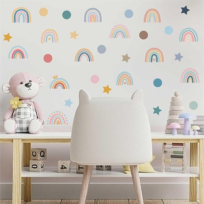 Rainbow Wall Decals for Children Room - 4 Sheets 76Pcs Boho Star & Dots Wall Stickers | Peel and Stick Nursery Decor, Playroom, Classroom | Removable Waterproof Wall Art