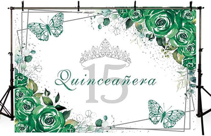 SENDY 10x7ft Quinceañera Backdrop Mis Quince 15 Anos Birthday Party Decorations Supplies for Girl Princess Green Floral Butterfly Silver Crown Photography Background Banner Photo Booth Studio Props