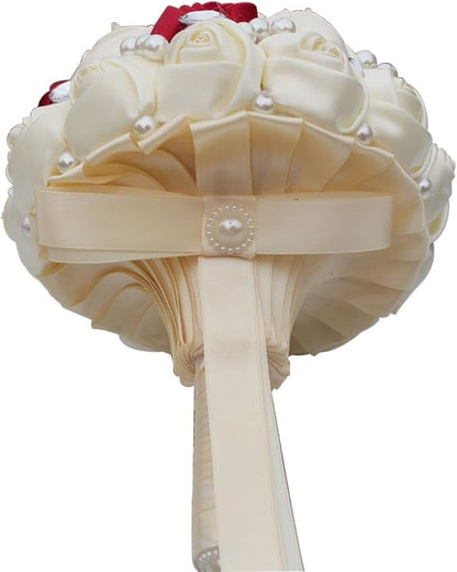 S_SSOY Customizable Romantic Wedding Bouquets Silk Flowers Bridal Holding Roses Bride Bridesmaid Bouquet with Pearl Crystal Ribbon Valentine's Day (Ivory+Wine Red)